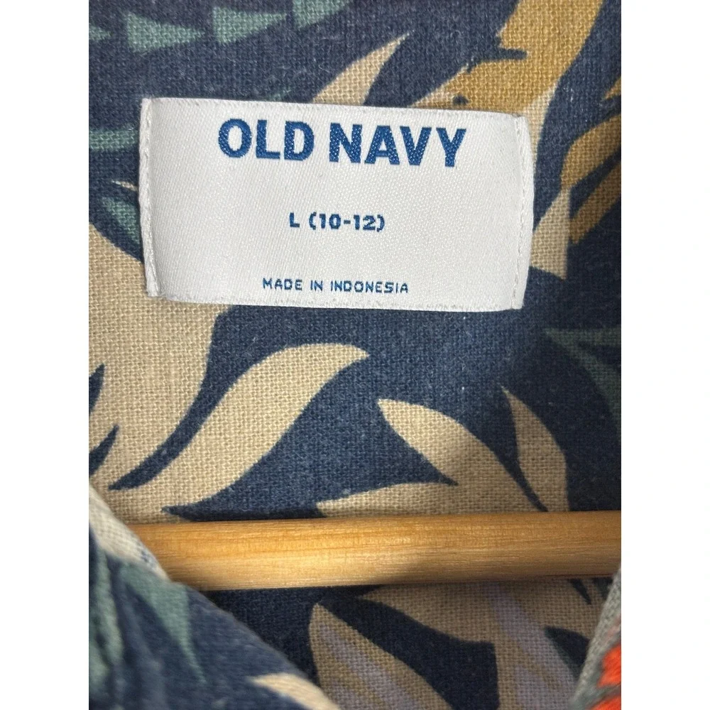 Old Navy Boys Tropical Palm Leaf Button Up Shirt Navy Orange Size L 10-12
